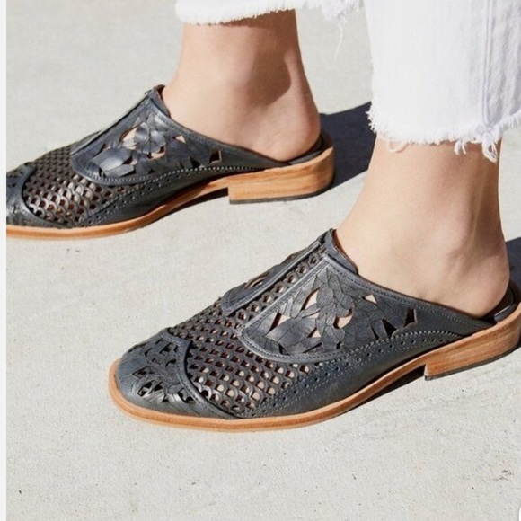 Free People Shoes - Free People Black Leather Laser-Cut Mule with Natural Wood Sole